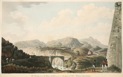 Le pont sur la rivière Gallions, depuis le pied du Fort Matilda, Guadeloupe, illustration de 